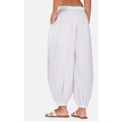 Women's Casual Cotton Cambric Solid Elastic Waist Patiala Harem Pants (White)