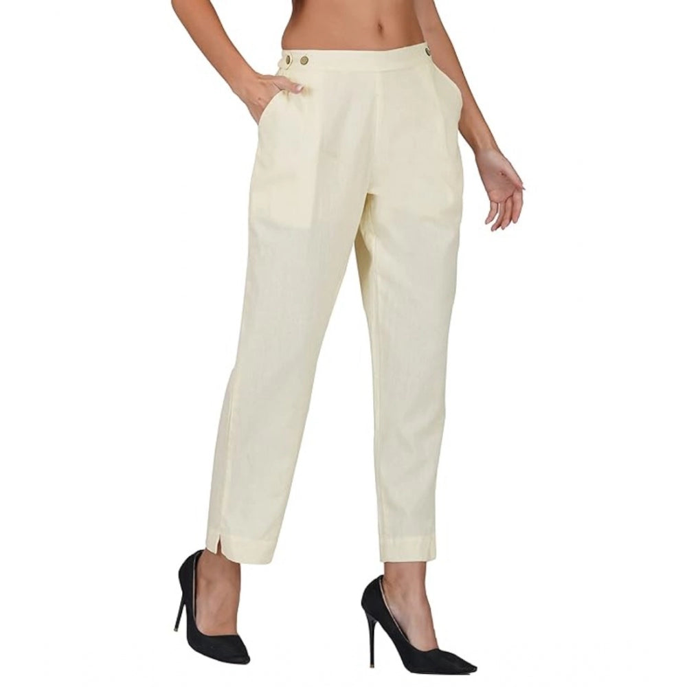 Generic Women's Casual Cotton Flax Solid Adjustable Waist Trouser Pants (Cream)