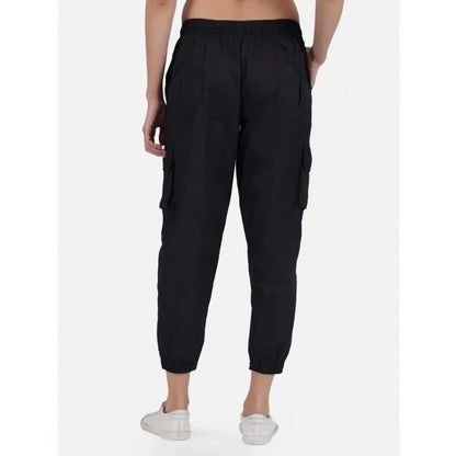 Women's Casual Cotton Solid Elastic with Drawstring Cargo Pants (Black)