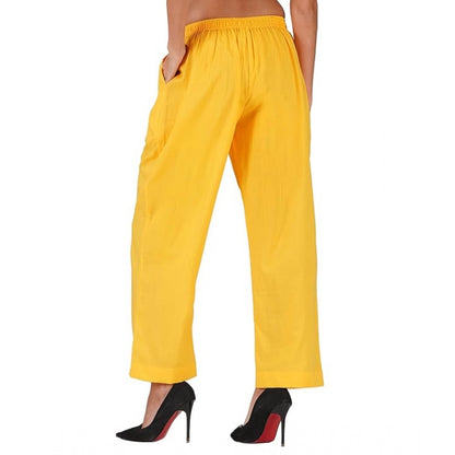 Generic Women's Casual Cotton Cambric Solid Elastic Palazzo Trousers (Yellow)