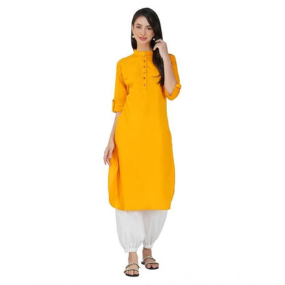 Generic Women's Casual Cotton Solid 3-4 Sleeve Kurti (Yellow)