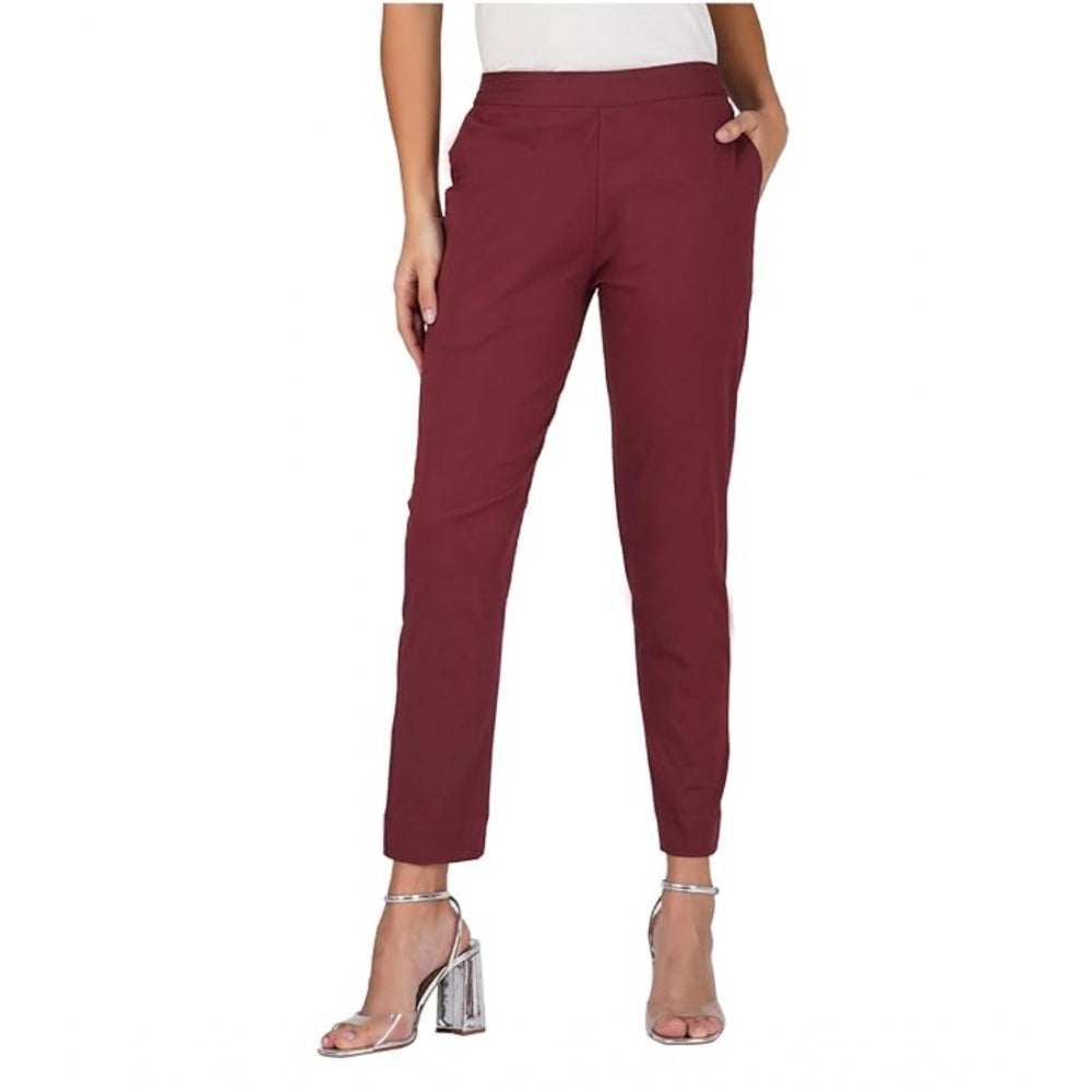 Women's Casual Cotton Lycra Solid Trouser Pants (Maroon)