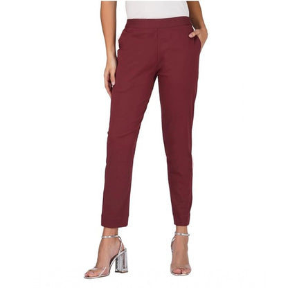 Women's Casual Cotton Lycra Solid Trouser Pants (Maroon)