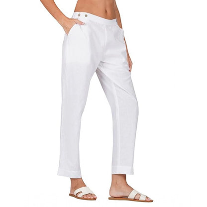 Women's Casual Cotton Flax Solid Adjustable Waist Trouser Pants (White)