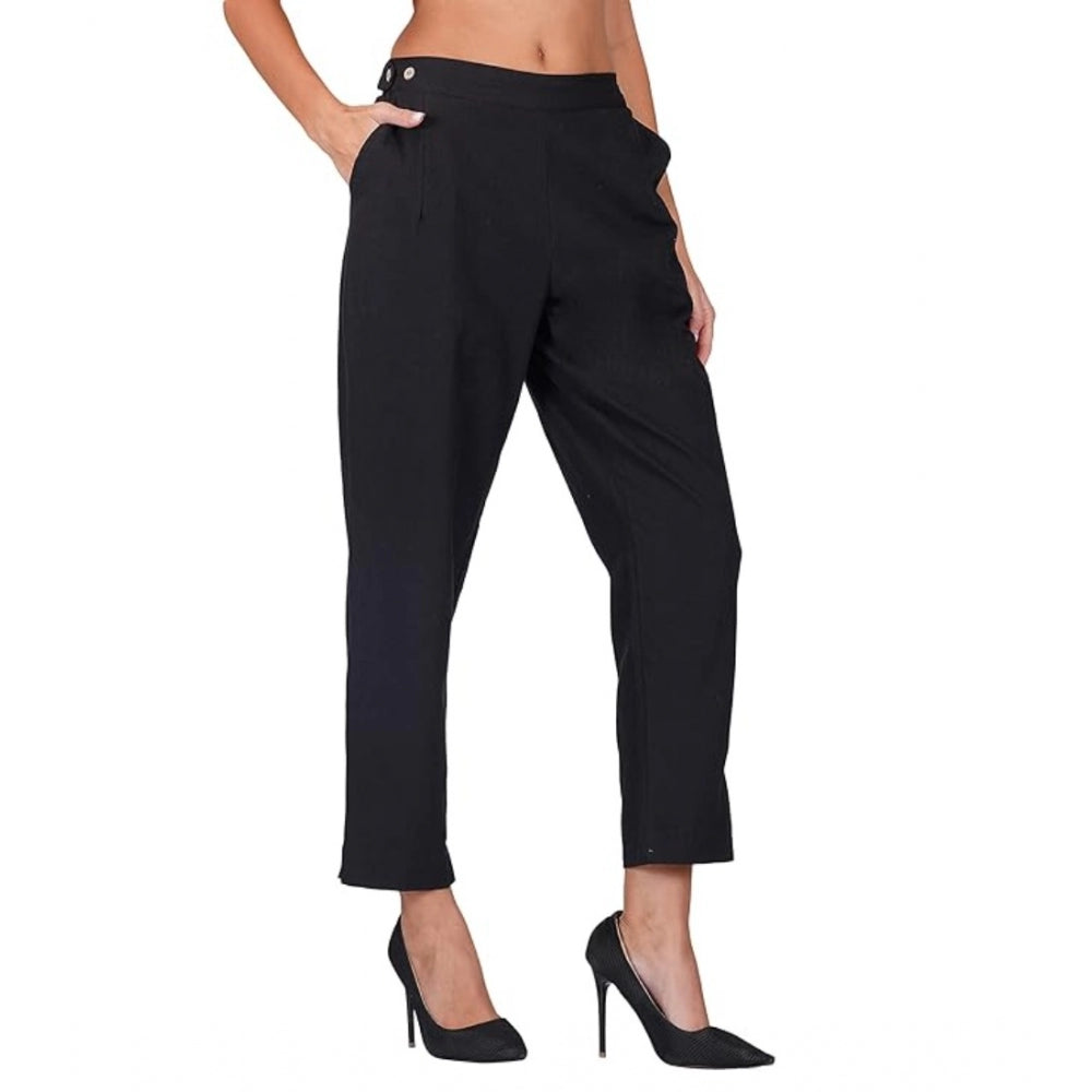 Women's Casual Cotton Flax Solid Adjustable Waist Trouser Pants (Black)