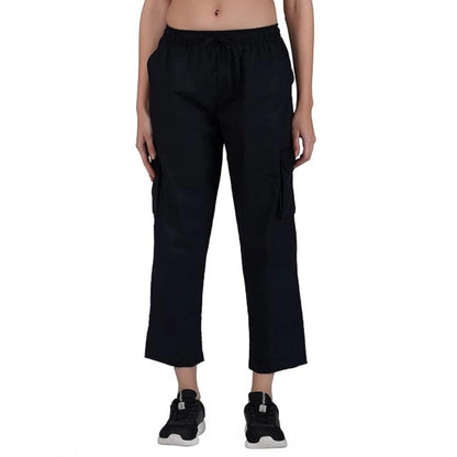 Women's Casual Cotton Solid Cargo Pants (Black)