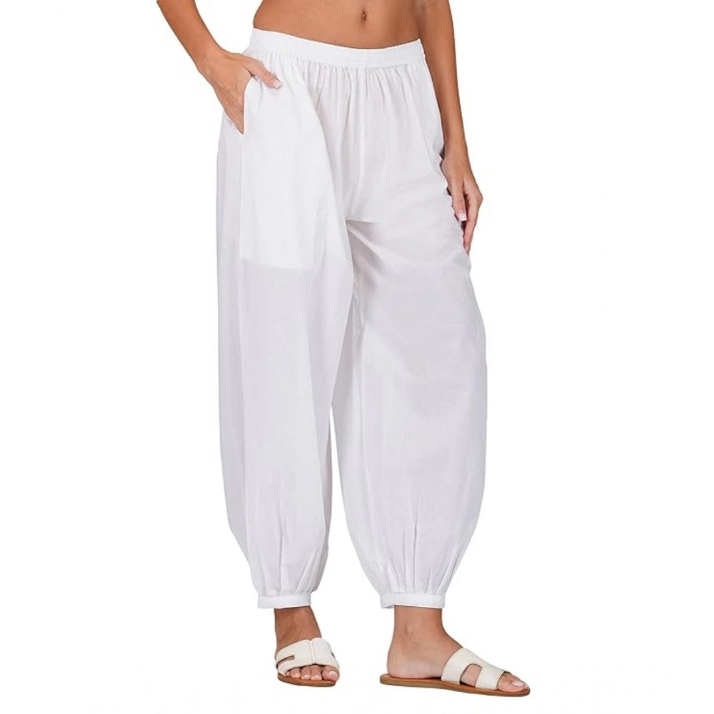 Women's Casual Cotton Cambric Solid Elastic Waist Patiala Harem Pants (White)