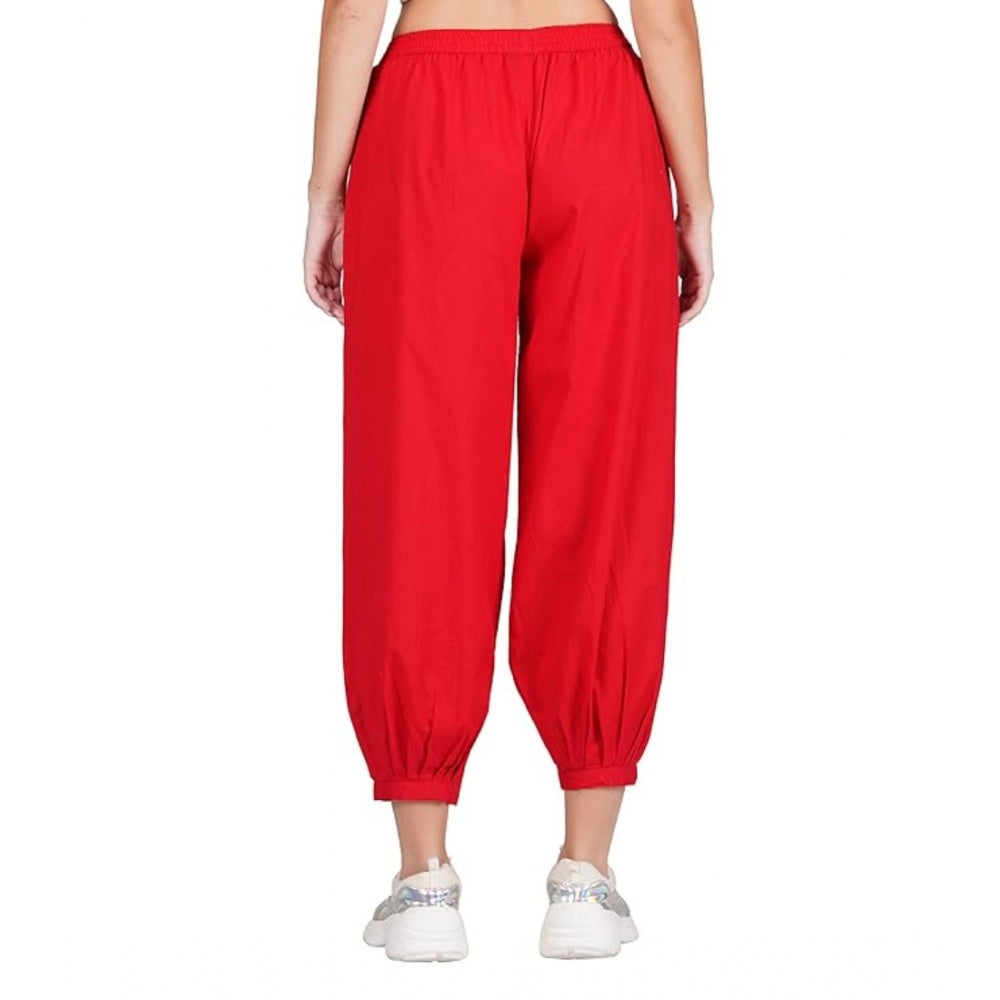 Women's Casual Cotton Cambric Solid Elastic Waist Patiala Harem Pants (Red)