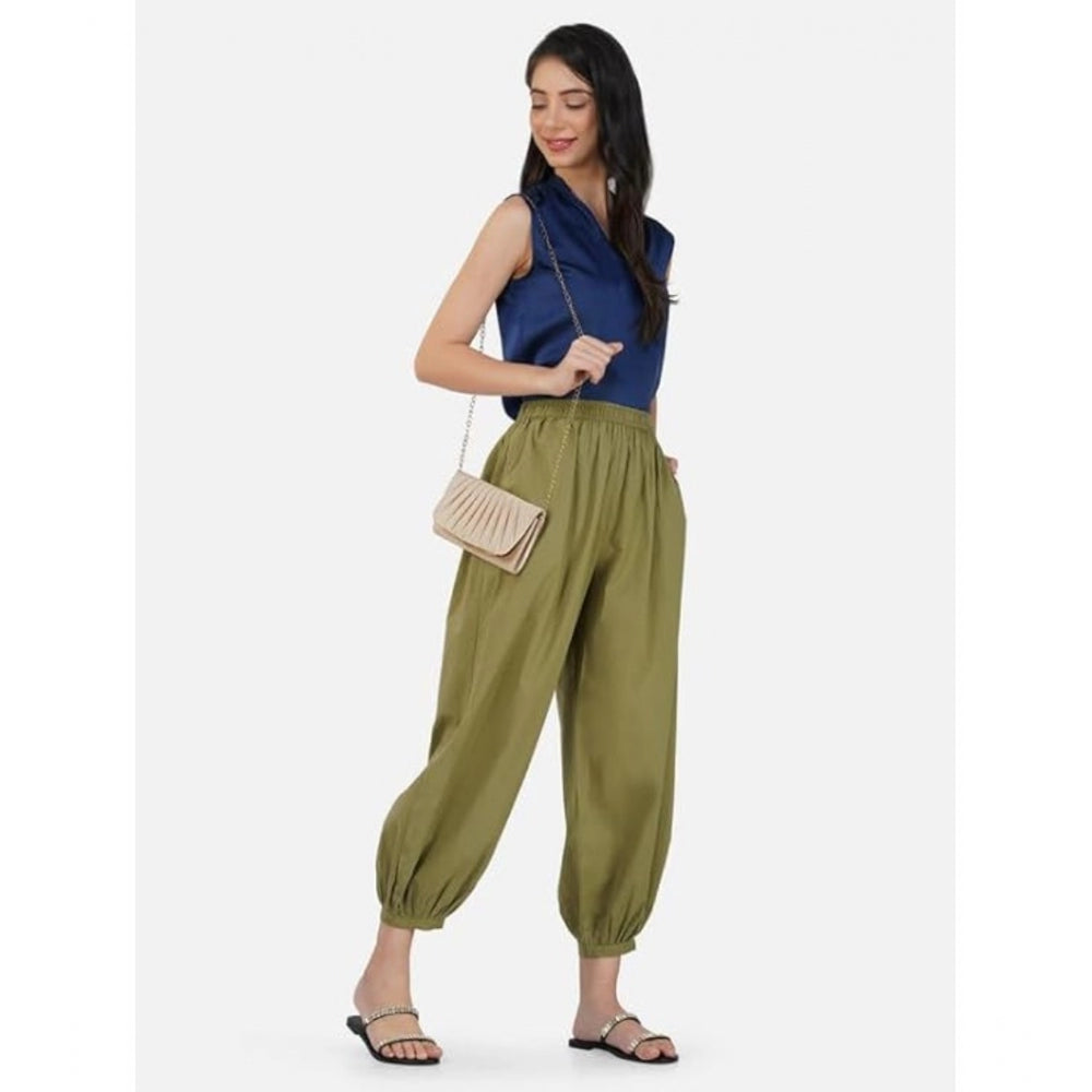 Women's Casual Cotton Cambric Solid Elastic Waist Patiala Harem Pants (Green)