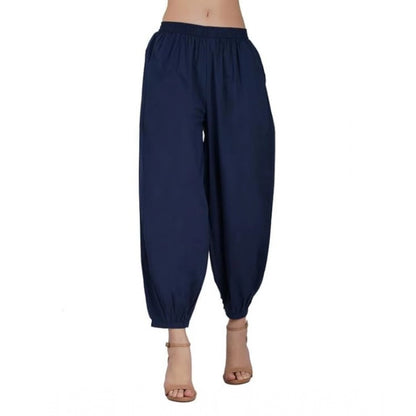 Women's Casual Cotton Cambric Solid Elastic Waist Patiala Harem Pants (Navy Blue)