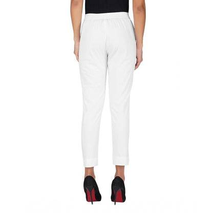 Women's Casual Cotton Lycra Solid Trouser Pants (White)