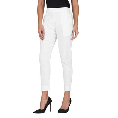 Women's Casual Cotton Lycra Solid Trouser Pants (White)