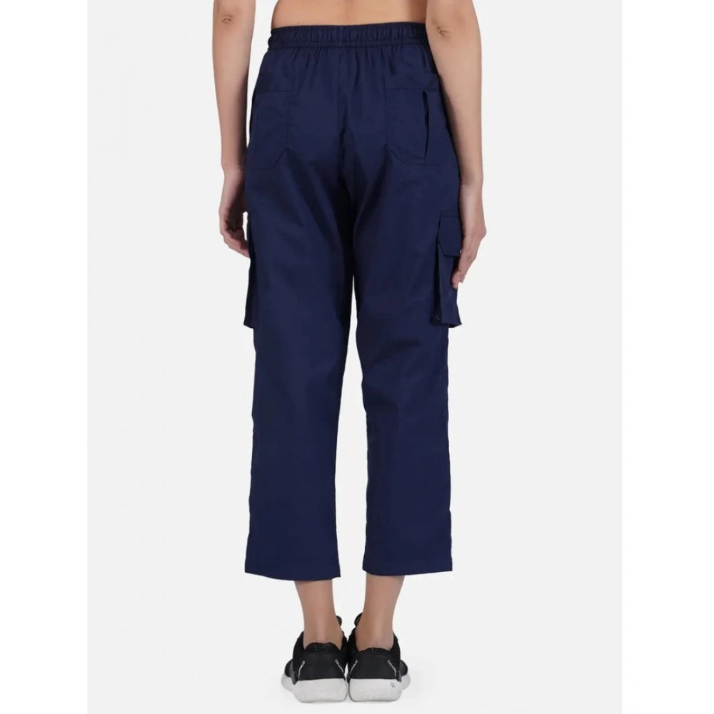 Women's Casual Cotton Solid Cargo Pants (Navy Blue)