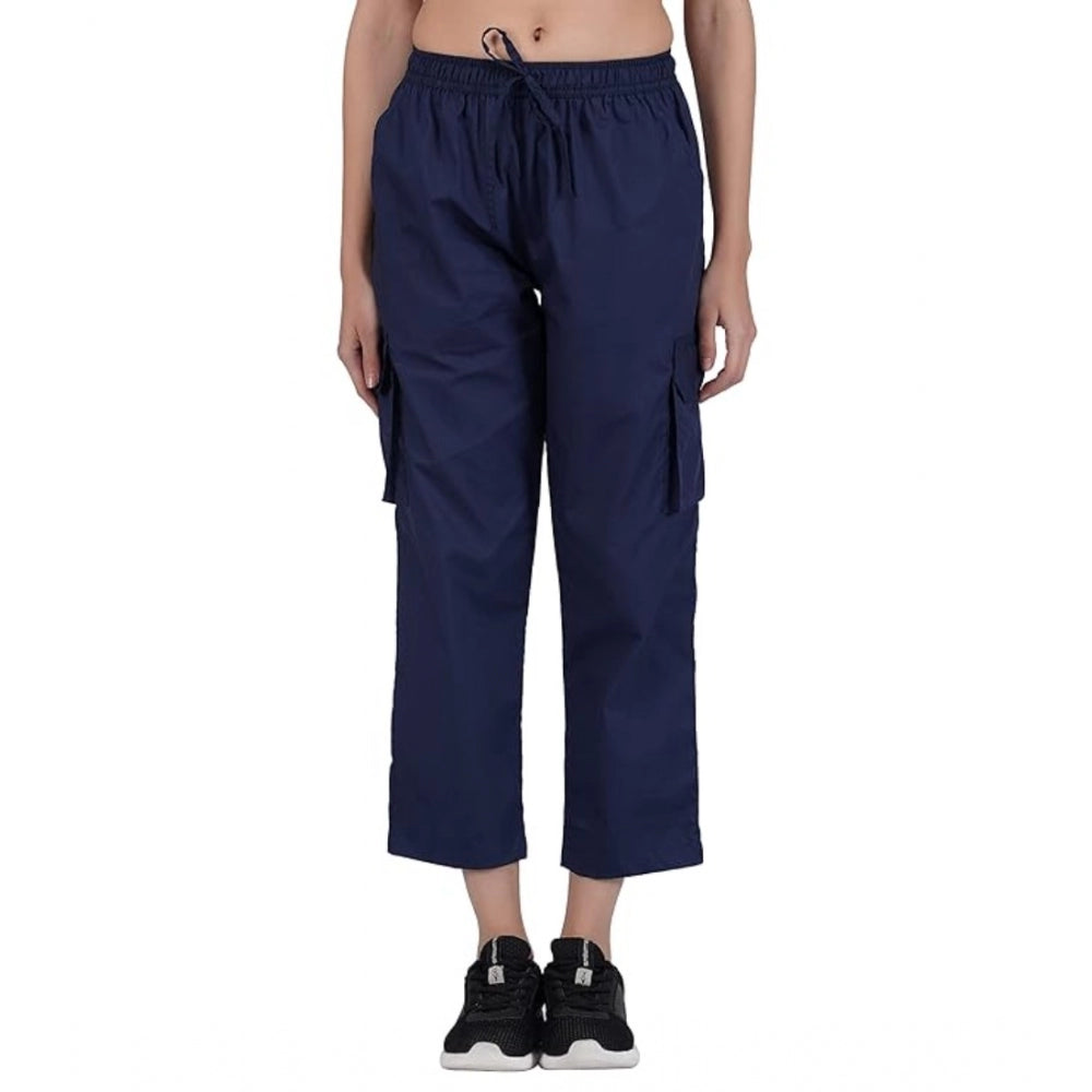 Women's Casual Cotton Solid Cargo Pants (Navy Blue)