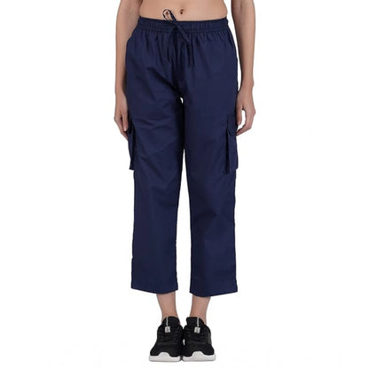 Women's Casual Cotton Solid Cargo Pants (Navy Blue)