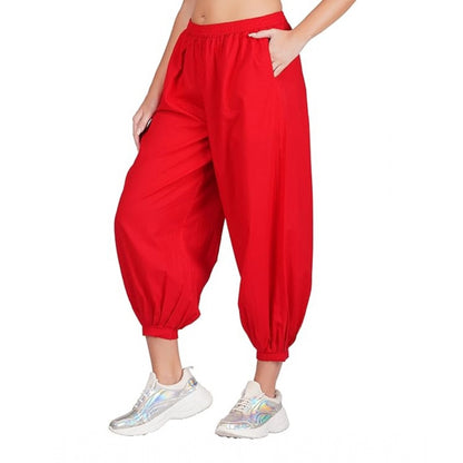 Women's Casual Cotton Cambric Solid Elastic Waist Patiala Harem Pants (Red)