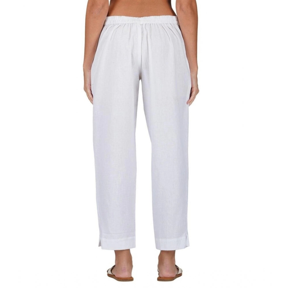 Women's Casual Cotton Flax Solid Adjustable Waist Trouser Pants (White)