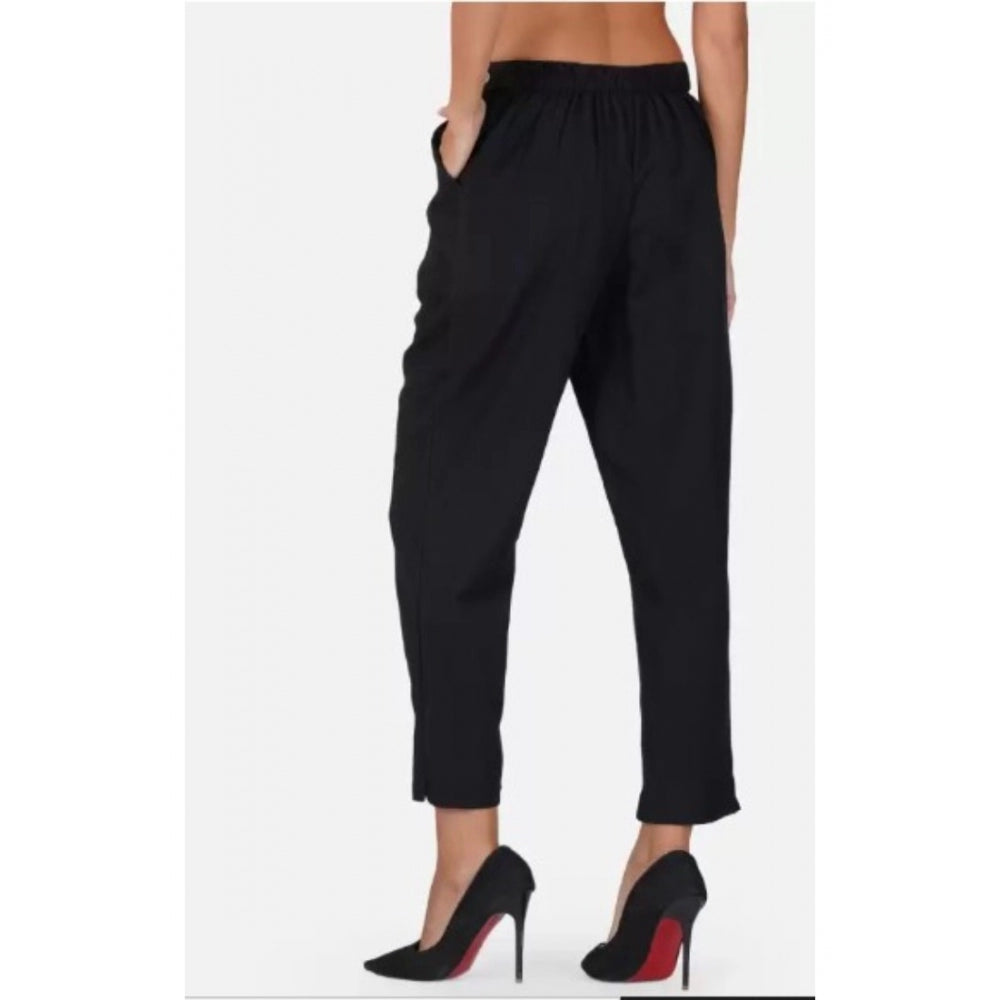 Women's Casual Cotton Flax Solid Adjustable Waist Trouser Pants (Black)