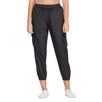 Women's Casual Cotton Solid Elastic with Drawstring Cargo Pants (Black)