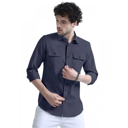 Men's Casual Short Sleeve Striped Cotton Blended Shirt (Dark Grey)