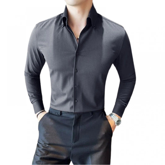 Men's Casual Full Sleeve Striped Cotton Blended Shirt (Grey)