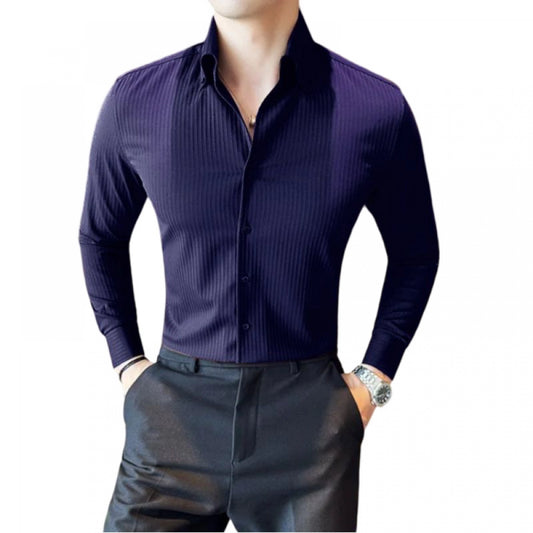 Men's Casual Full Sleeve Striped Cotton Blended Shirt (Navy)