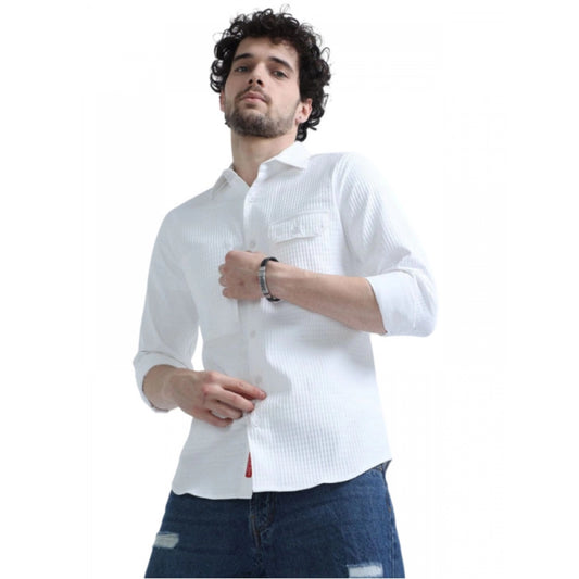 Men's Casual Short Sleeve Striped Cotton Blended Shirt (White)