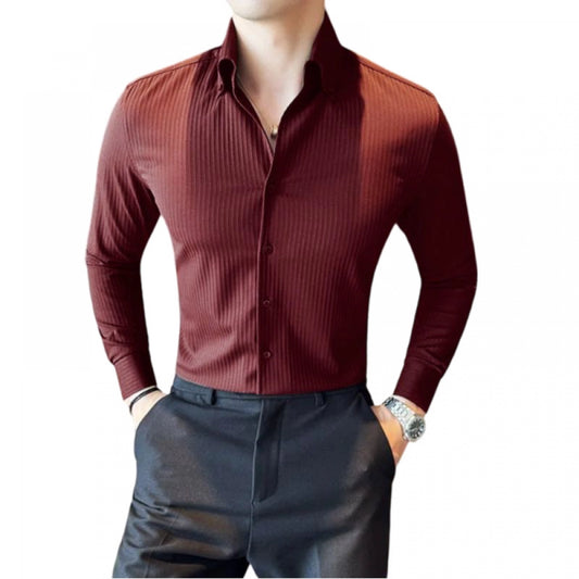 Men's Casual Full Sleeve Striped Cotton Blended Shirt (Maroon)