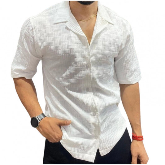 Men's Casual Full Sleeve Strip Line Cotton Blended Shirt (White)