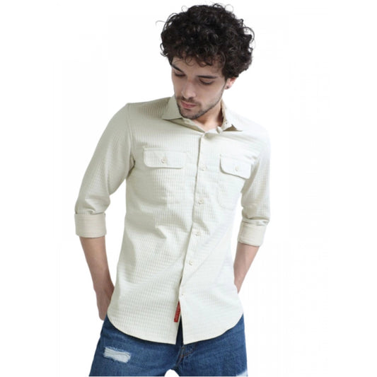 Men's Casual Full Sleeve Striped Cotton Blended Shirt (Cream)