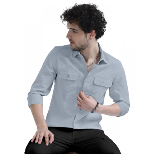 Men's Casual Short Sleeve Striped Cotton Blended Shirt (Grey)