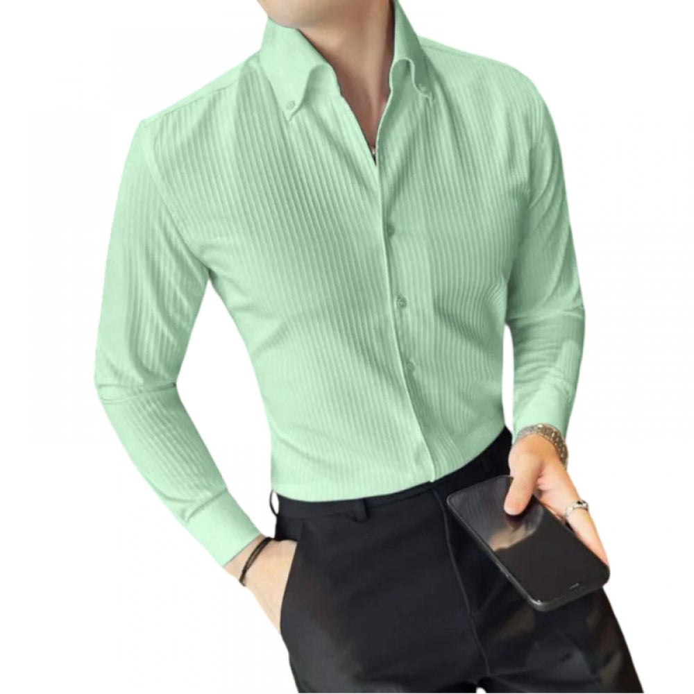 Generic Men's Casual Full Sleeve Striped Cotton Blended Shirt (Light Green)