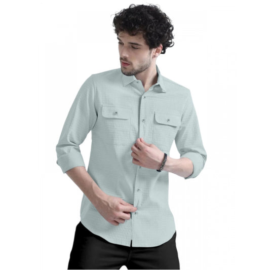 Men's Casual Full Sleeve Striped Cotton Blended Shirt (Light Green)