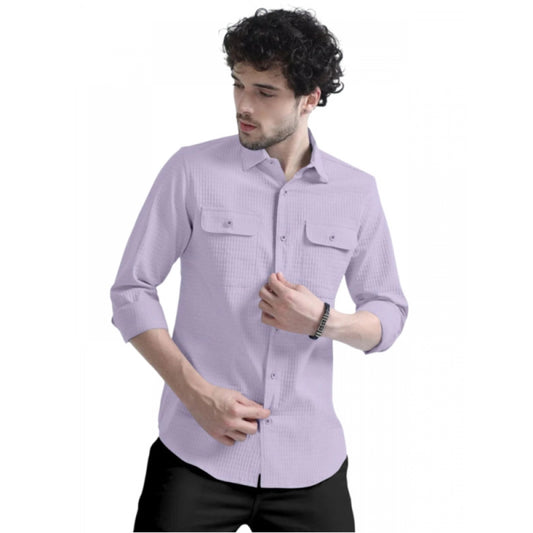 Men's Casual Short Sleeve Striped Cotton Blended Shirt (Purple)