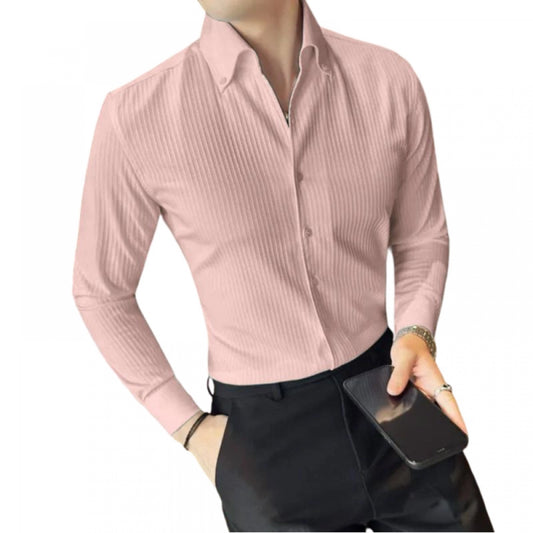 Generic Men's Casual Full Sleeve Striped Cotton Blended Shirt (Pink)