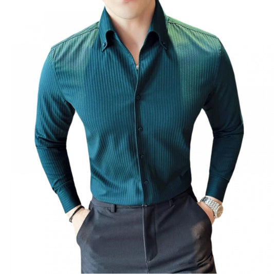 Men's Casual Full Sleeve Striped Cotton Blended Shirt (Teal)