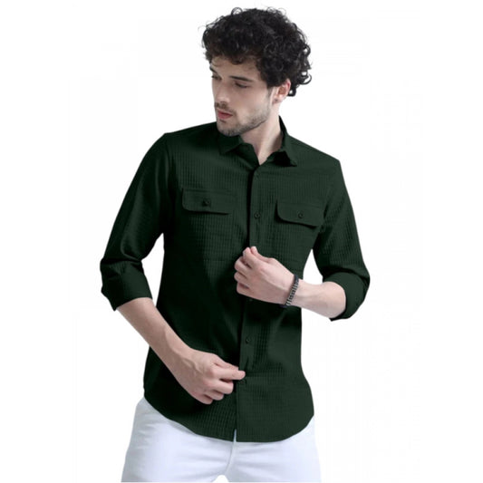 Men's Casual Short Sleeve Striped Cotton Blended Shirt (Green)