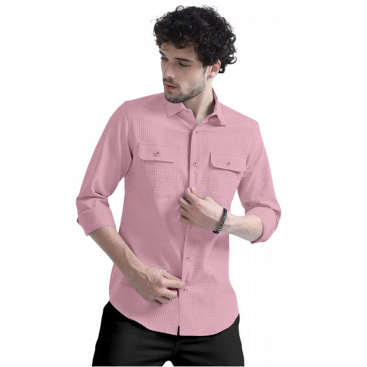 Men's Casual Short Sleeve Striped Cotton Blended Shirt (Pink)