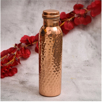 Copper 1 Litre Water Bottle With Lacquer Hammered Design (Rose Gold)