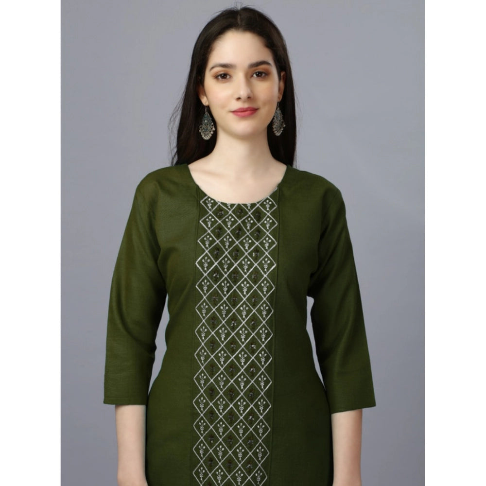 Women's Casual 3-4 th Sleeve Embroidery Cotton Kurti (Dark Green)