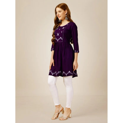 Women's Casual 3-4 th Sleeve Embroidered Rayon Tunic Top (Purple)