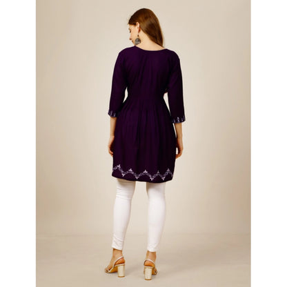 Women's Casual 3-4 th Sleeve Embroidered Rayon Tunic Top (Purple)