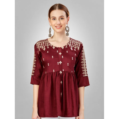 Women's Casual 3-4 th Sleeve Embroidered Silk Tunic Top (Rust)