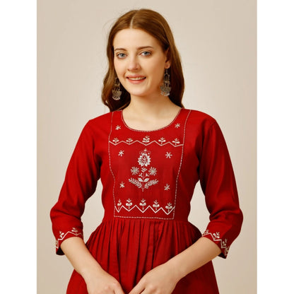 Women's Casual 3-4 th Sleeve Embroidered Rayon Tunic Top (Red)