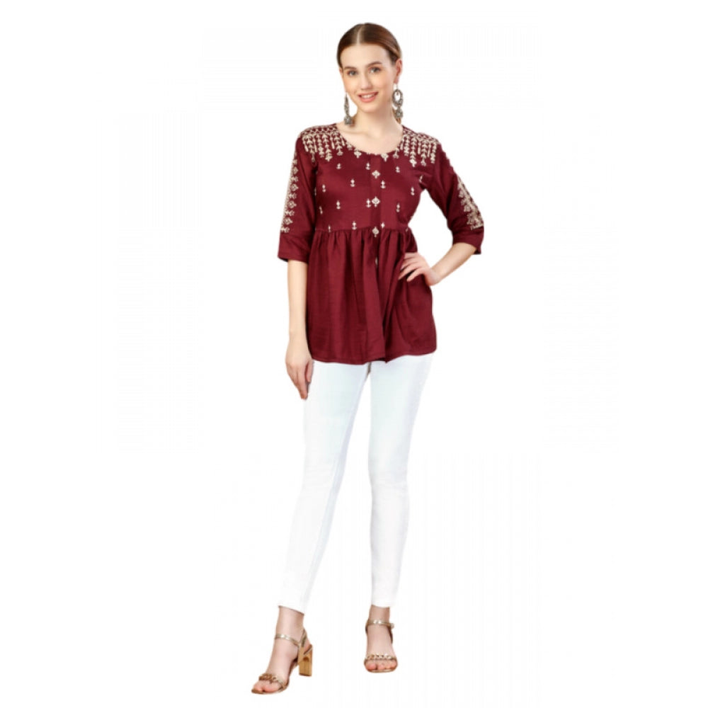 Women's Casual 3-4 th Sleeve Embroidered Silk Tunic Top (Rust)