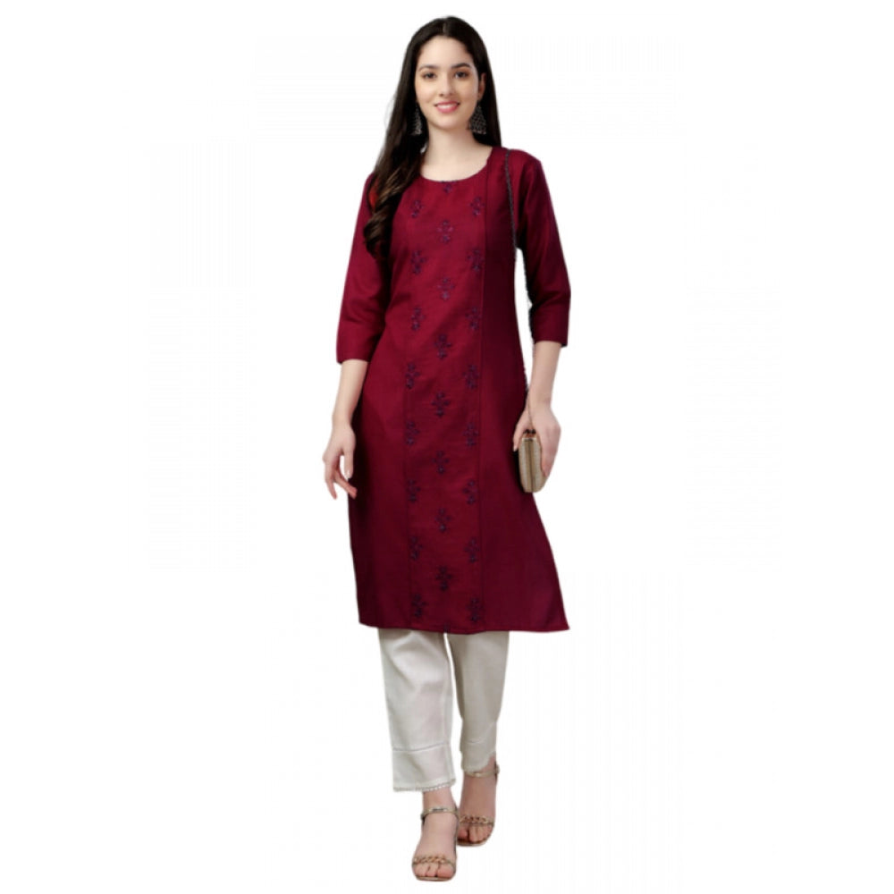 Generic Women's Casual 3-4 th Sleeve Embroidery Cotton Kurti (Maroon)