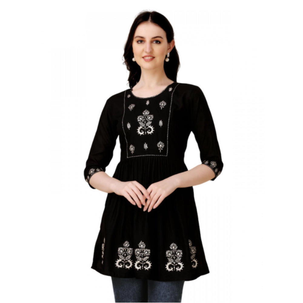 Women's Casual 3-4 th Sleeve Embroidered Rayon Tunic Top (Black)