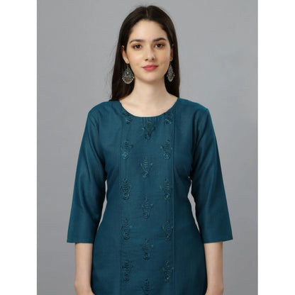 Women's Casual 3-4 th Sleeve Embroidery Cotton Kurti (Blue )