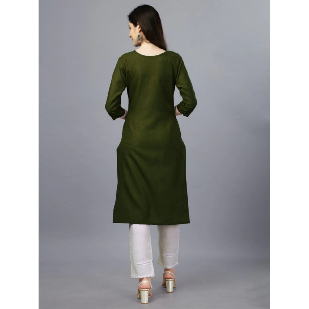 Women's Casual 3-4 th Sleeve Embroidery Cotton Kurti (Dark Green)