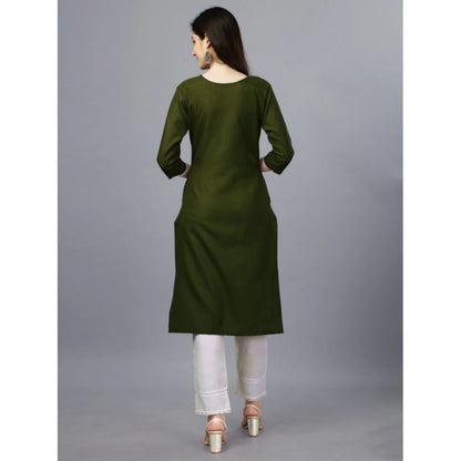 Women's Casual 3-4 th Sleeve Embroidery Cotton Kurti (Dark Green)